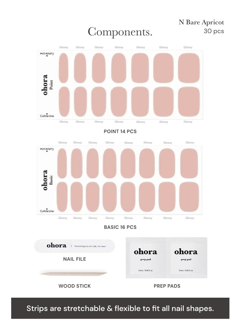 ohora Semi Cured Gel Nail Strips (N Bare Apricot) - Works with Any Nail Lamps, Salon-Quality, Long Lasting, Easy to Apply & Remove - Includes 2 Prep Pads, Nail File & Wooden Stick