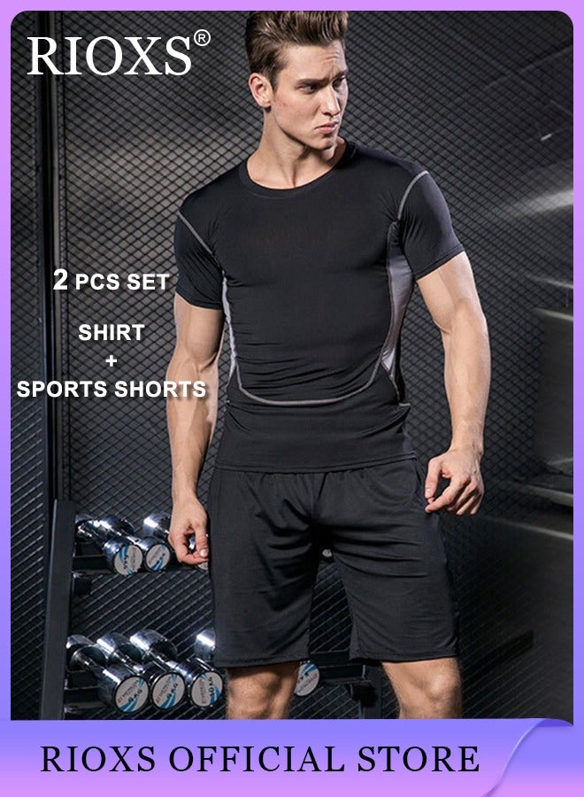 Men's Sports Two Piece Set-Athletic Short Sleeve And Shorts,Base Tops T-Shirts Pants Set,Quick Dry Training Set For Fitness Running Gym Workout