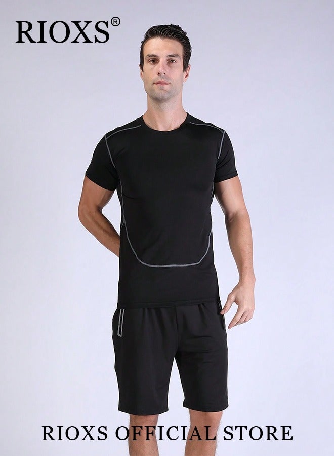Men's Sports Two Piece Set-Athletic Short Sleeve And Shorts,Base Tops T-Shirts Pants Set,Quick Dry Training Set For Fitness Running Gym Workout