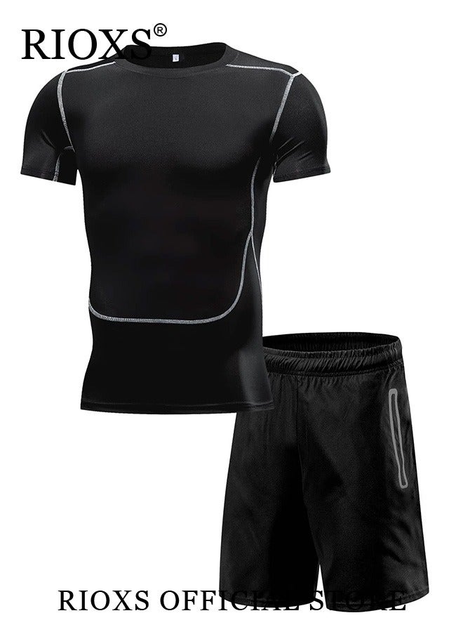 Men's Sports Two Piece Set-Athletic Short Sleeve And Shorts,Base Tops T-Shirts Pants Set,Quick Dry Training Set For Fitness Running Gym Workout