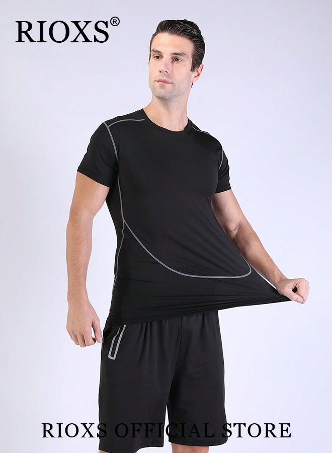 Men's Sports Two Piece Set-Athletic Short Sleeve And Shorts,Base Tops T-Shirts Pants Set,Quick Dry Training Set For Fitness Running Gym Workout