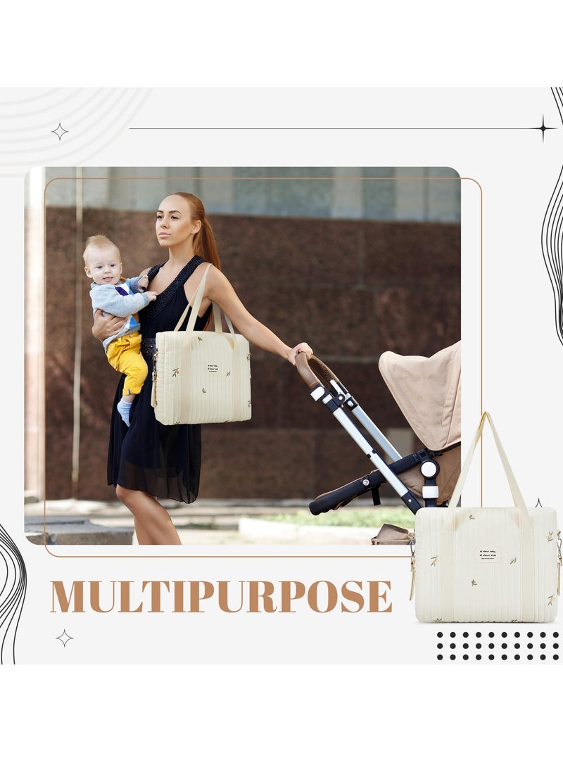 Diaper Bag Tote 2 Piece  Multilayered Fabrics Multifunction Maternity Bag with Quilted Cotton Olive Leaf Design Stroller Storage Bag Travel Zip Closure Diaper Small Shoulder Bag Milk bottle bag