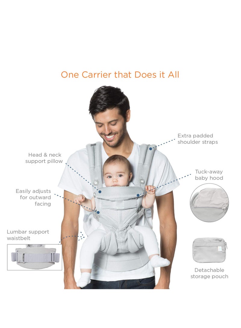 360 All Position Baby Carrier with Lumbar Support and Cool Air Mesh, Adjustable Hook and Loop, Classic Weave, Soft Fabric, Newborn to Toddler (7-45 lb), Grey