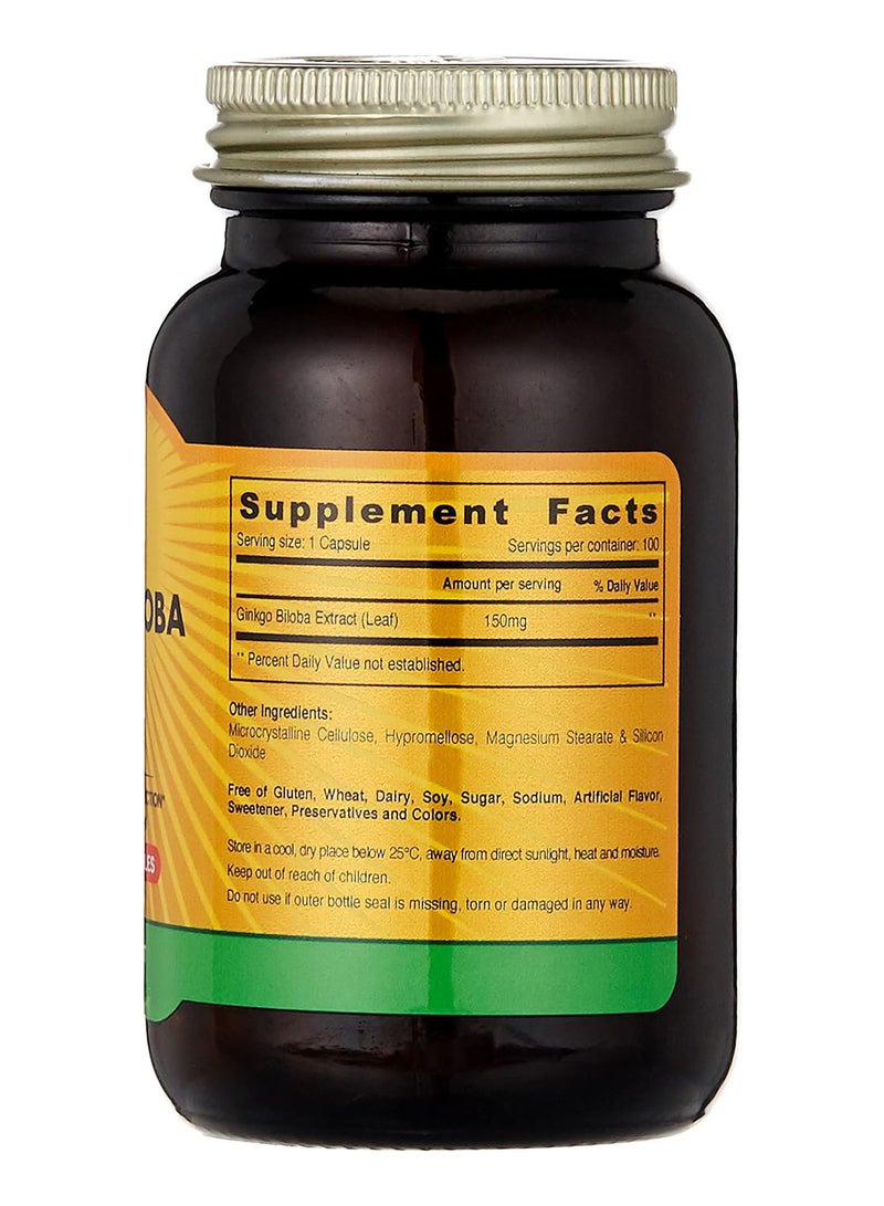 Ginkgo Biloba Leaf Extract 150 Mg Dietary Supplement Herbal Ingredient Supports Memory And Brain Function Suitable For Vegetarians 100 Capsules