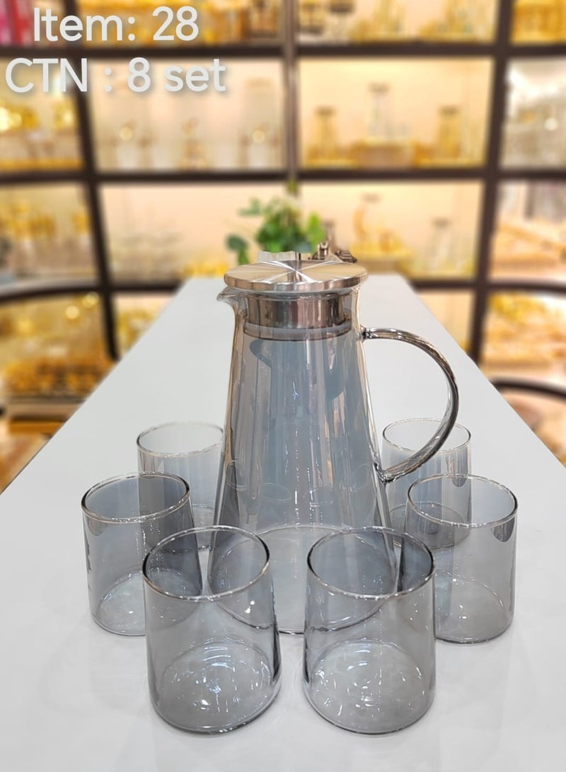 Stylish Glass Pitcher Set With Six Matching Tumblers Perfect For Serving Beverages Sleek Design With A Metal Lid  And Handle Ideal For Modern Dining Setting