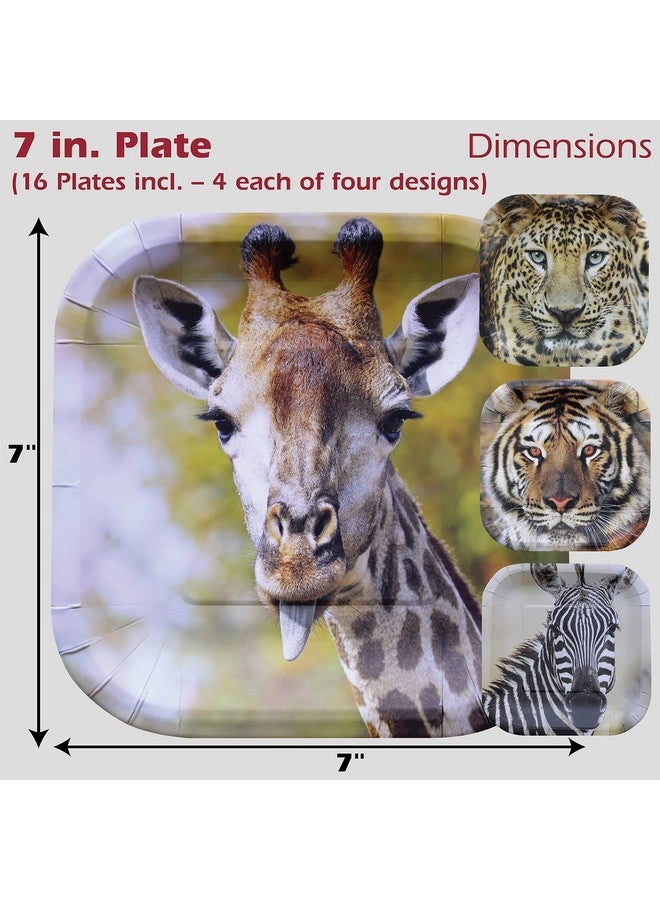 Jungle Safari Paper Party Plates (16 Pcs)! 167In. Square Dessert Plates In Authentic Lifelike Jungle Animal Faces! 4 Ea. Leopardstigersgiraffeszebras