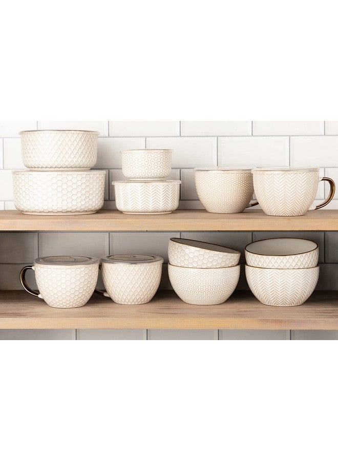 Ceramic Cereal Bowls Embossed For Yogurt Dessert And Poke Microwave & Dishwasher Safe Cream With Dark Copper Accents Set Of 4 22 Oz Narbonne Collection