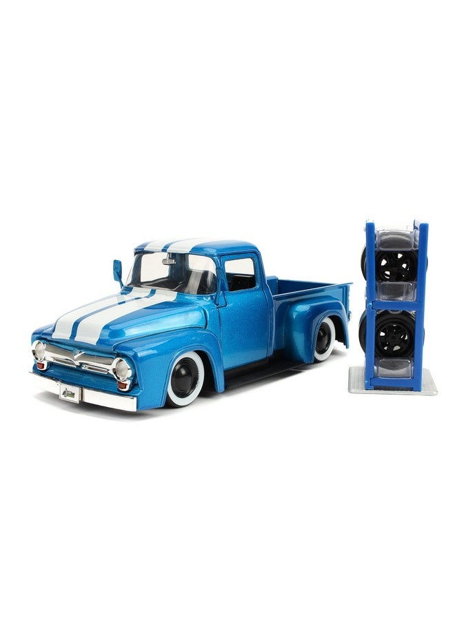 Just Trucks 1:24 1956 Ford F100 Diecast Car Blue/White Stripes With Tire Rack Toys For Kids And Adults