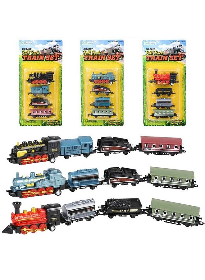 Mini Locomotive Train Playset For Kids Set Of 3 Each Set With 1 Locomotive And 3 Carts Diecast Train Toy For Boys And Girls With Pullback Motion Great Birthday Gift