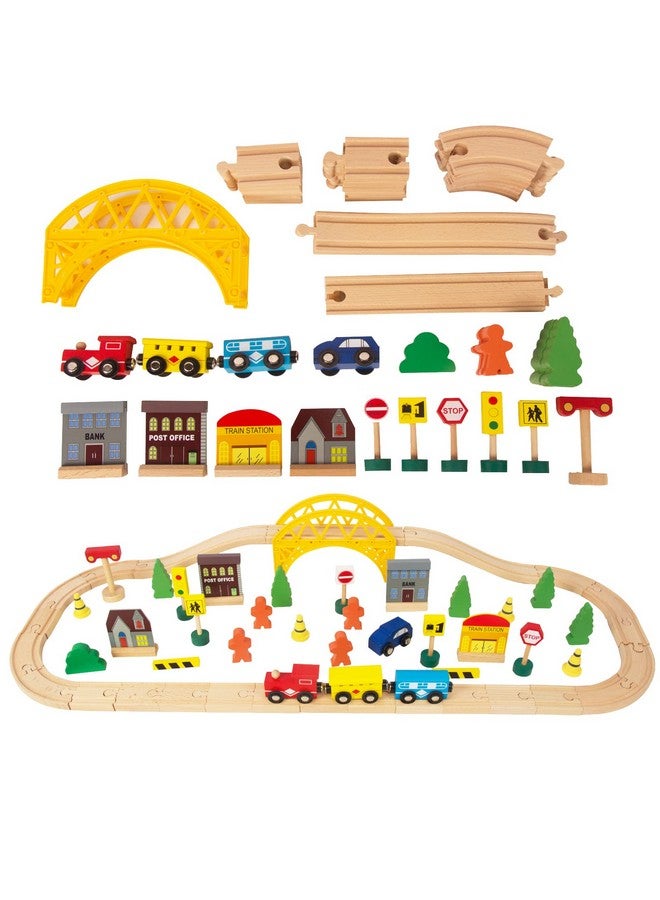 60Pcs Train Set For 3 Year Old Boys Doubleside Wooden Train Set Tracks For Toddlers Fits Brio Thomas Melissa And Doug Kids Wood Train Toys For 3 4 5 Year Old Boys And Girls (Yellow)