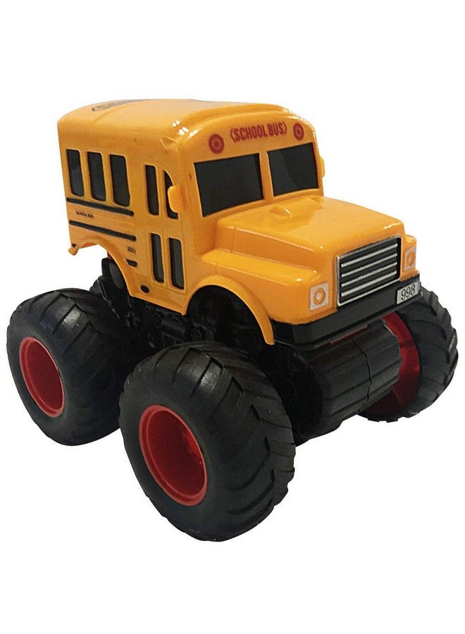 Yellow School Bus Toy With Black Monster Truck Tires Push N Go Toy Car For Kids Durable Plastic Material Best Birthday Gift For Boys Girls Toddlers