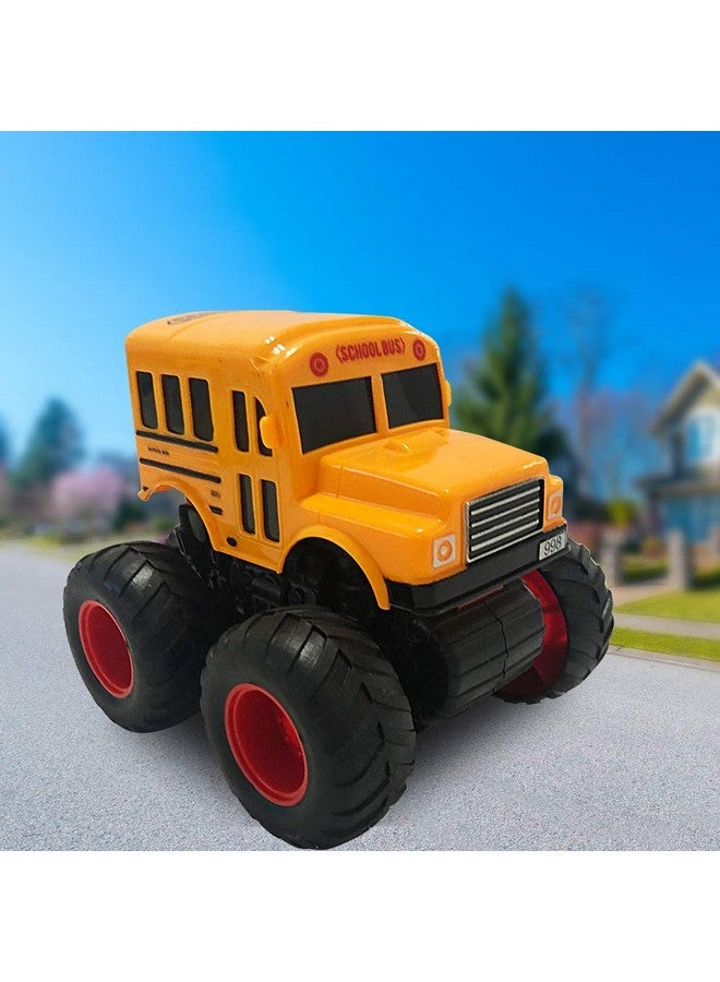 Yellow School Bus Toy With Black Monster Truck Tires Push N Go Toy Car For Kids Durable Plastic Material Best Birthday Gift For Boys Girls Toddlers