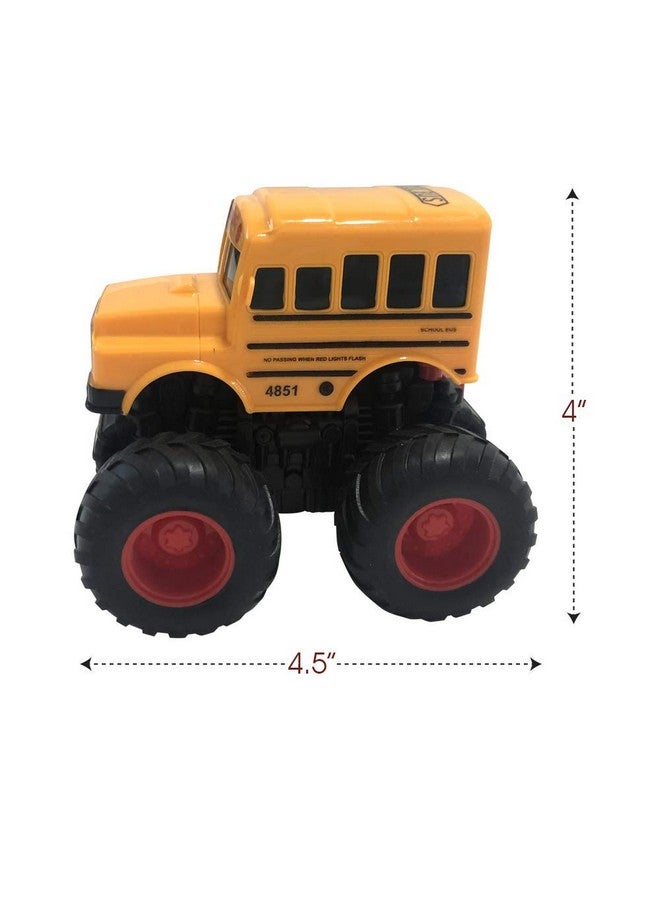 Yellow School Bus Toy With Black Monster Truck Tires Push N Go Toy Car For Kids Durable Plastic Material Best Birthday Gift For Boys Girls Toddlers