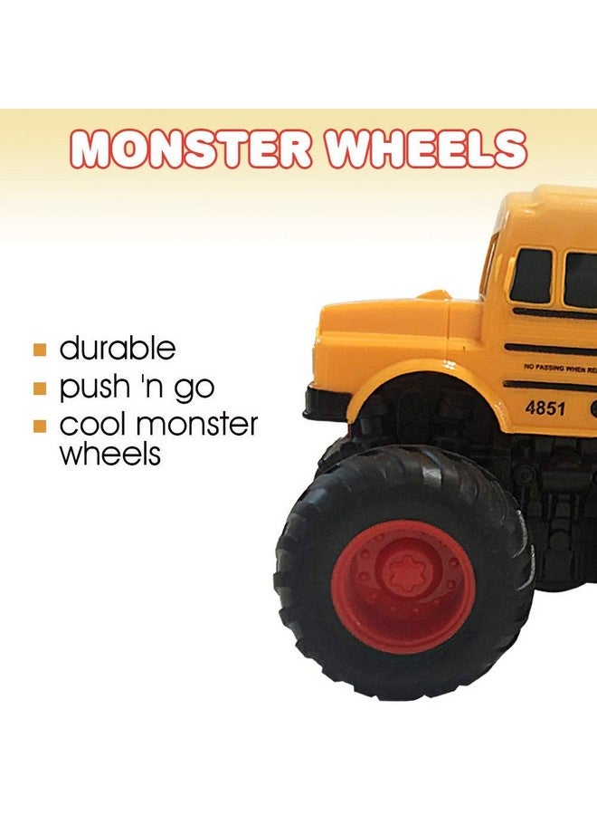 Yellow School Bus Toy With Black Monster Truck Tires Push N Go Toy Car For Kids Durable Plastic Material Best Birthday Gift For Boys Girls Toddlers
