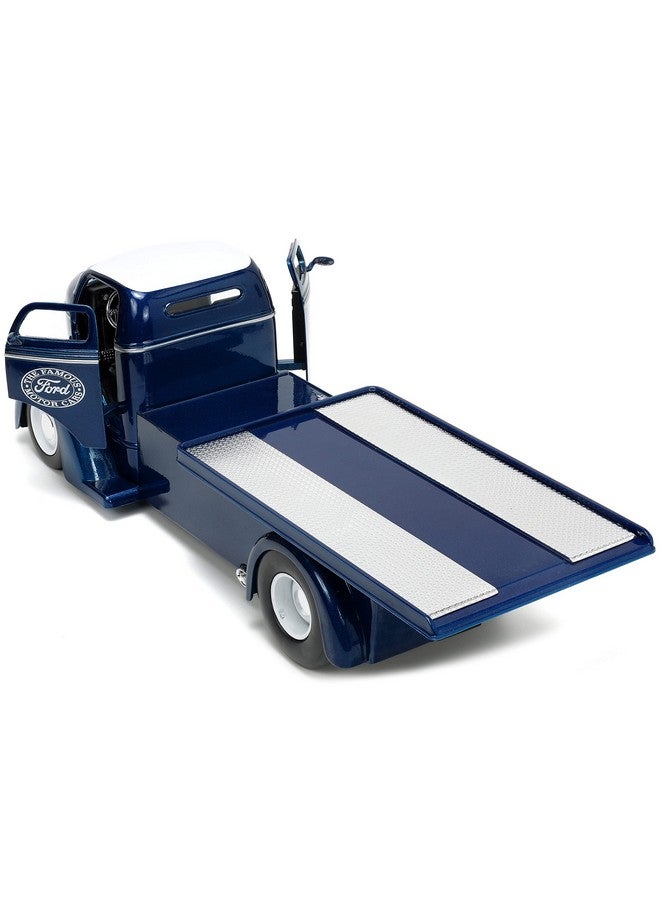 Just Trucks 1:24 1947 Ford Coe Flatbed Diecast Car Dark Blue/White With Tire Rack Toys For Kids And Adults