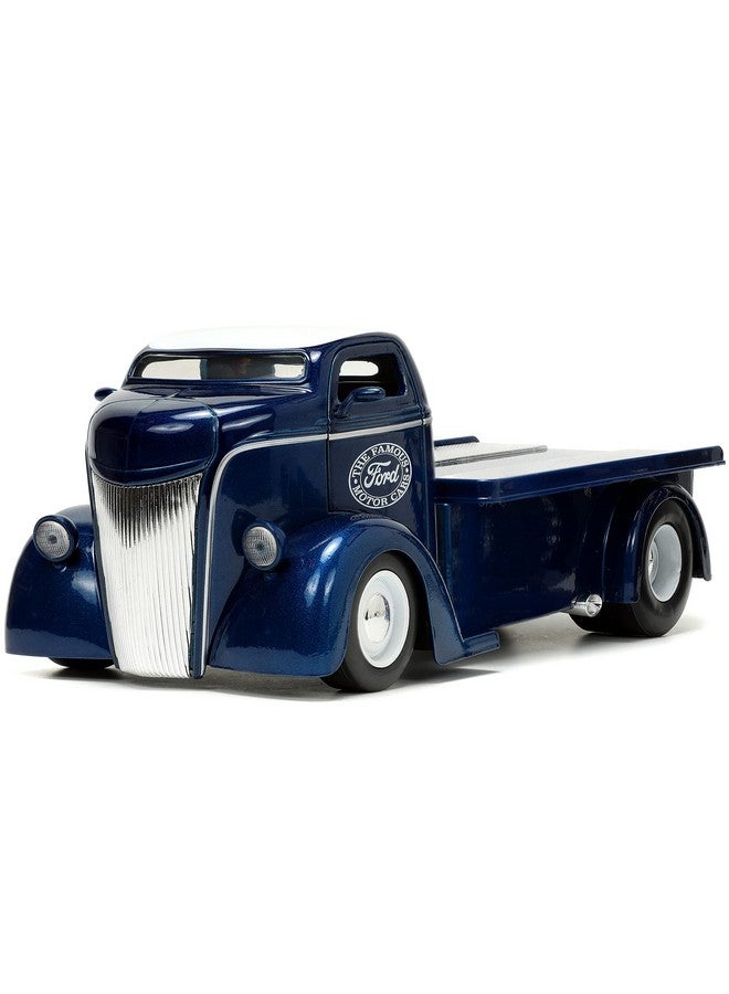 Just Trucks 1:24 1947 Ford Coe Flatbed Diecast Car Dark Blue/White With Tire Rack Toys For Kids And Adults