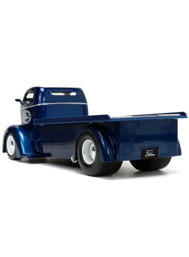 Just Trucks 1:24 1947 Ford Coe Flatbed Diecast Car Dark Blue/White With Tire Rack Toys For Kids And Adults