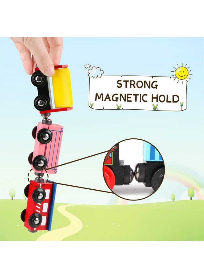 31 Pcs Wooden Train Cars Magnetic Train Set Includes 15 Cars 10 Bonus Connectors & Storage Bag Wooden Train Set Toy Train For Kids Toddlers Compatible With Major Brands Train Tracks Set