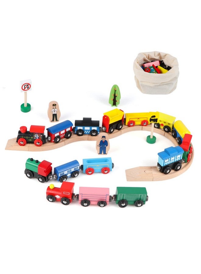 31 Pcs Wooden Train Cars Magnetic Train Set Includes 15 Cars 10 Bonus Connectors & Storage Bag Wooden Train Set Toy Train For Kids Toddlers Compatible With Major Brands Train Tracks Set