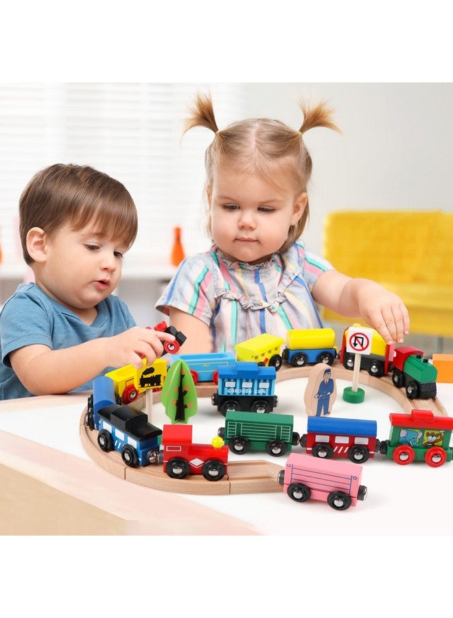 31 Pcs Wooden Train Cars Magnetic Train Set Includes 15 Cars 10 Bonus Connectors & Storage Bag Wooden Train Set Toy Train For Kids Toddlers Compatible With Major Brands Train Tracks Set