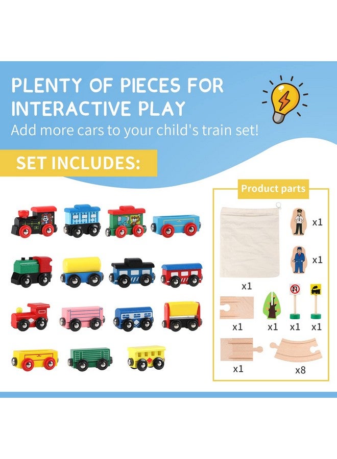 31 Pcs Wooden Train Cars Magnetic Train Set Includes 15 Cars 10 Bonus Connectors & Storage Bag Wooden Train Set Toy Train For Kids Toddlers Compatible With Major Brands Train Tracks Set