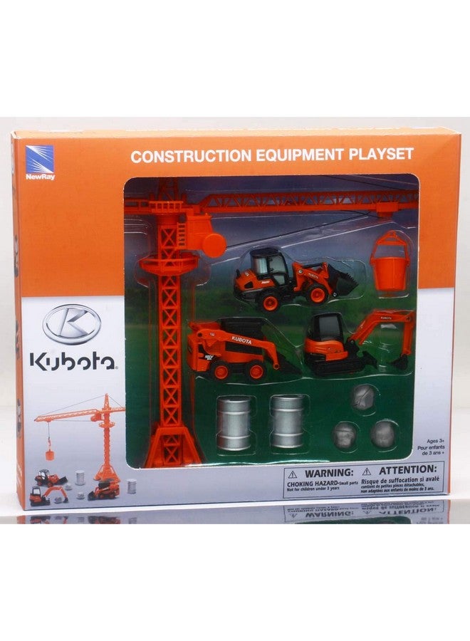 Newray Kubota Diecast Construction Vehicles Set Plastic Engineering Toys Playset Includes Steer Loader Mini Excavator Wheel Loader Oil Drums Tower Crane & Boulders For Kids