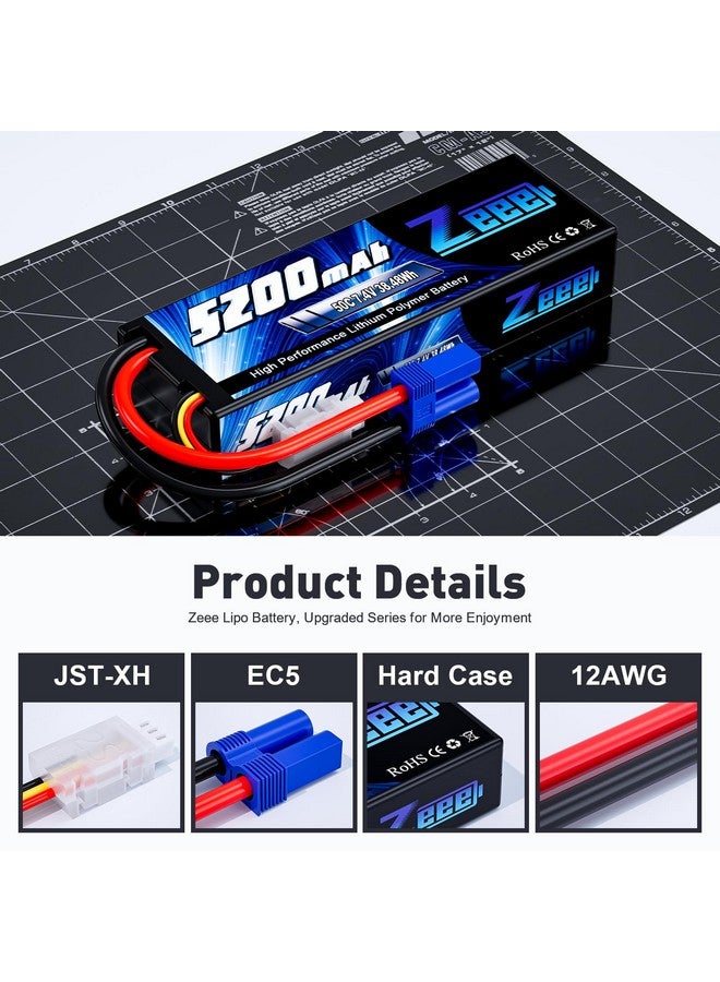 2S 5200Mah 7.4V 50C Lipo Battery Hard Case Lipos With Ec5 Plug For 1/8 1/10 Rc Vehicles Car Slash Rc Buggy Truggy Rc Hobby(2 Pack)