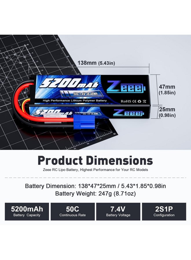 2S 5200Mah 7.4V 50C Lipo Battery Hard Case Lipos With Ec5 Plug For 1/8 1/10 Rc Vehicles Car Slash Rc Buggy Truggy Rc Hobby(2 Pack)