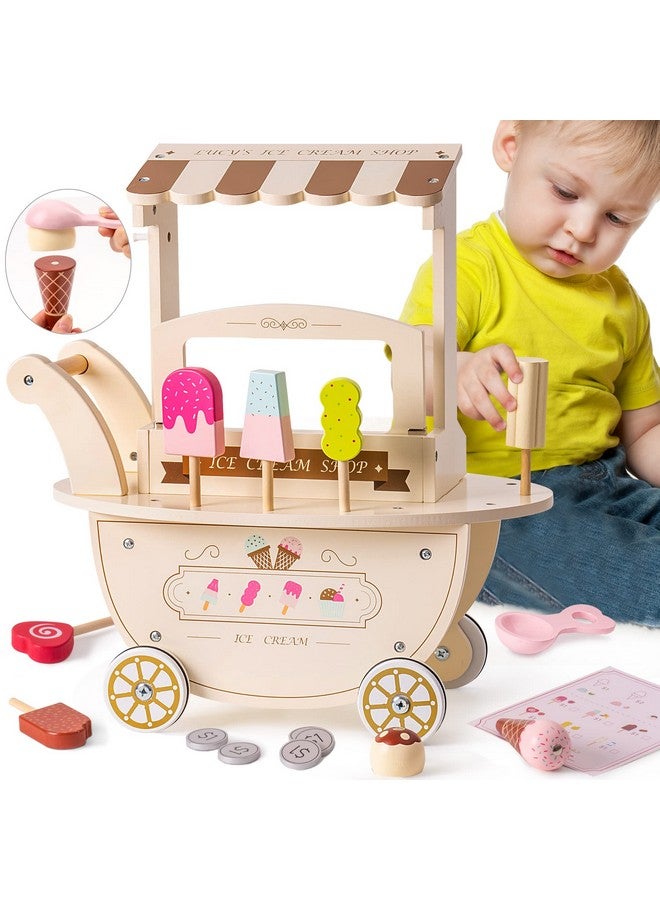 Wooden Ice Cream Cart Play Set For Kids Toddlers Pretend Play Kitchen Food Toy Gift For Ages 3+