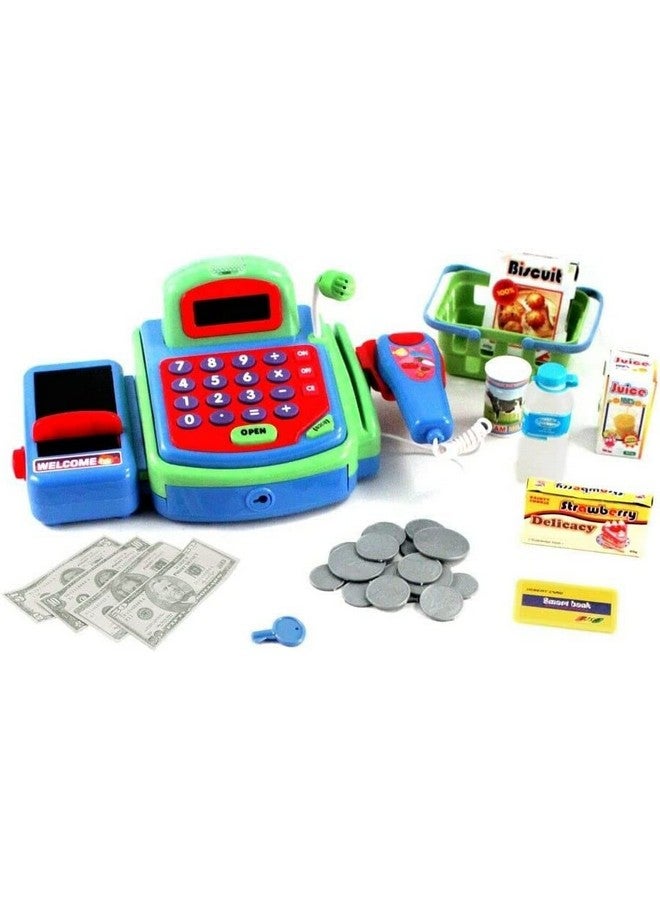 Electronic Cash Register Toy Pretend Play Scanner Money And Credit Card Groceries With Sound Green