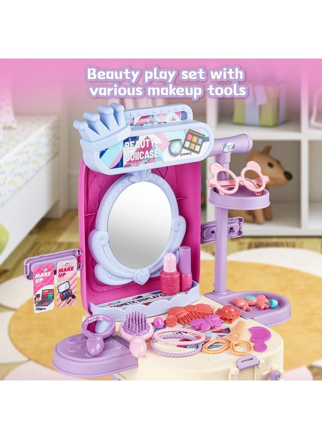 2 In 1 Makeup Table For Toddler Girls Vanity & Suitcase Set With Fashion Accessories Pretend Play Travel Suitcase Fashion Beauty Set For Girls