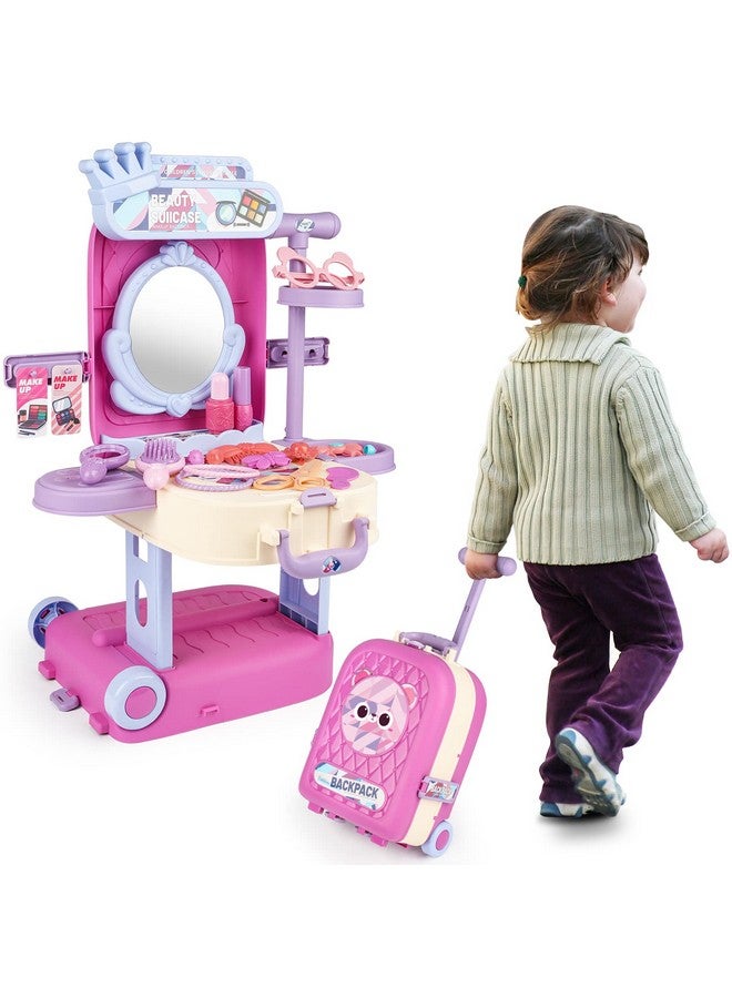 2 In 1 Makeup Table For Toddler Girls Vanity & Suitcase Set With Fashion Accessories Pretend Play Travel Suitcase Fashion Beauty Set For Girls