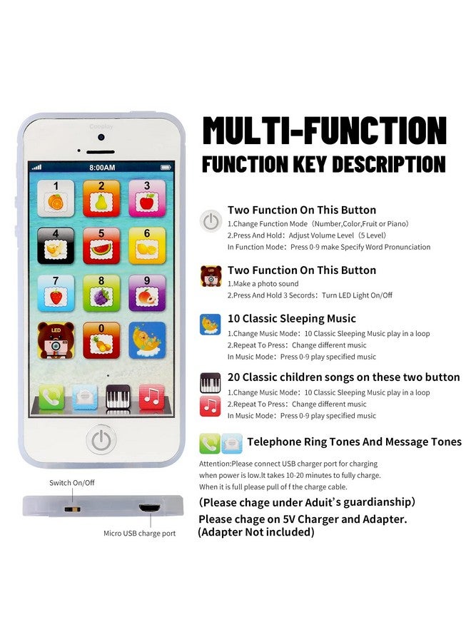 White Smart Phone Toy Music Lullaby Yphone Song Touch Screen Usb Recharable Cell Phone Learning English Mobile For Toddler Child