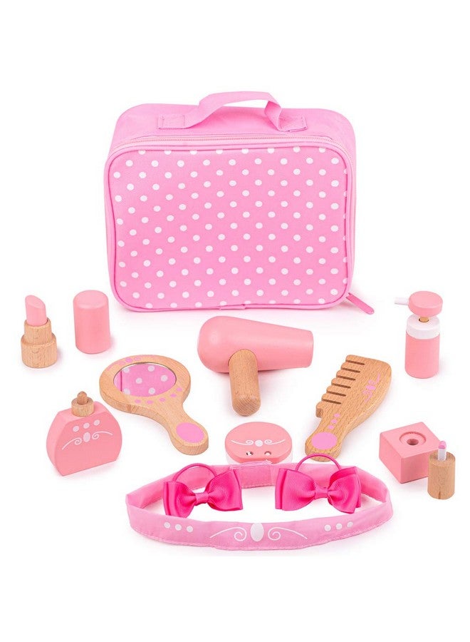 Wooden Kids Vanity Case 11Pc Vanity Kit & Accessories With Pink Polka Dot Carry Bag Ideal Pretend Play Toy & Gift For Girls