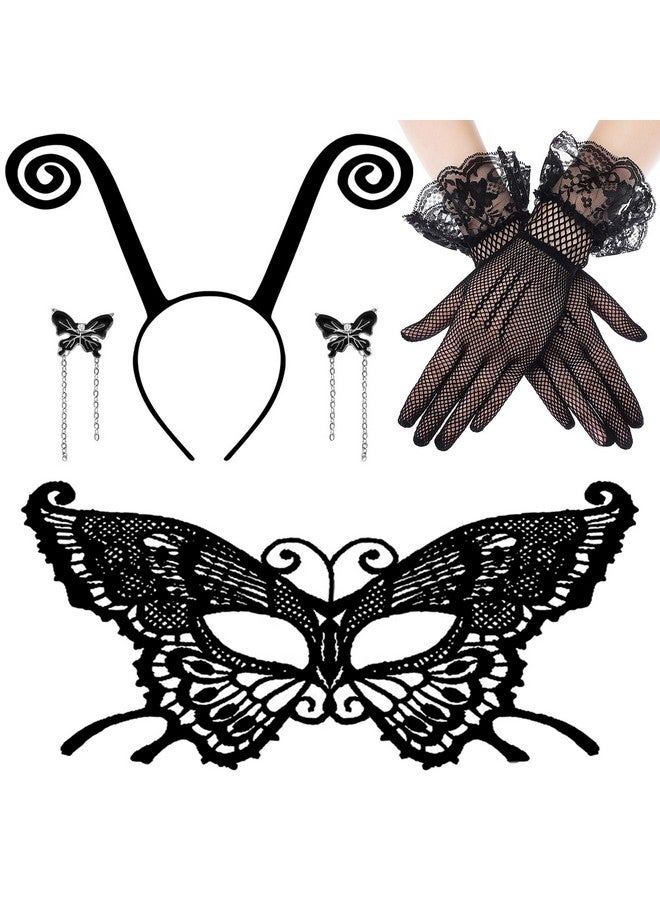 Butterfly Antenna Headband With Butterfly Lace Mask For Halloween Party Cosplay Butterfly Wings Costume Accessory Black