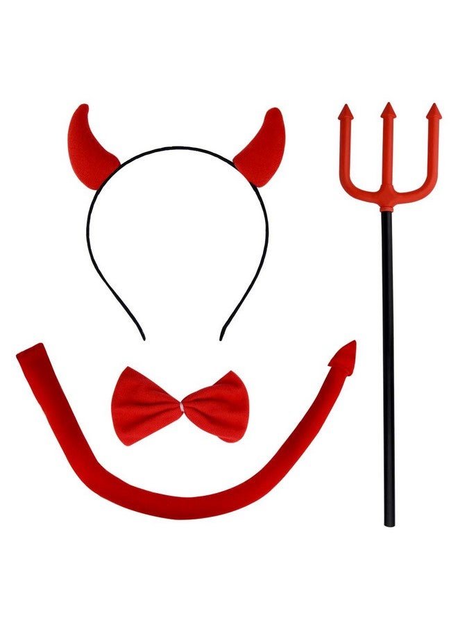 Halloween Devil Costume Set Devil Horn Headband Red Devil Tail Bowtie Devil Red Pitchfork Demon Cosplay Hair Hoop Accessories For Carnival Themed Party Prop Costume Decoration