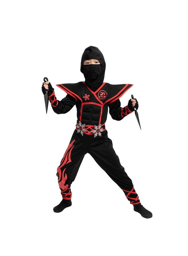 Halloween Red Ninja Muscle Costume Deluxe Set For Boys Unisex Kungfu Outfit For Kids 314Yr With Foam Accessories (Small 57 Yrs)