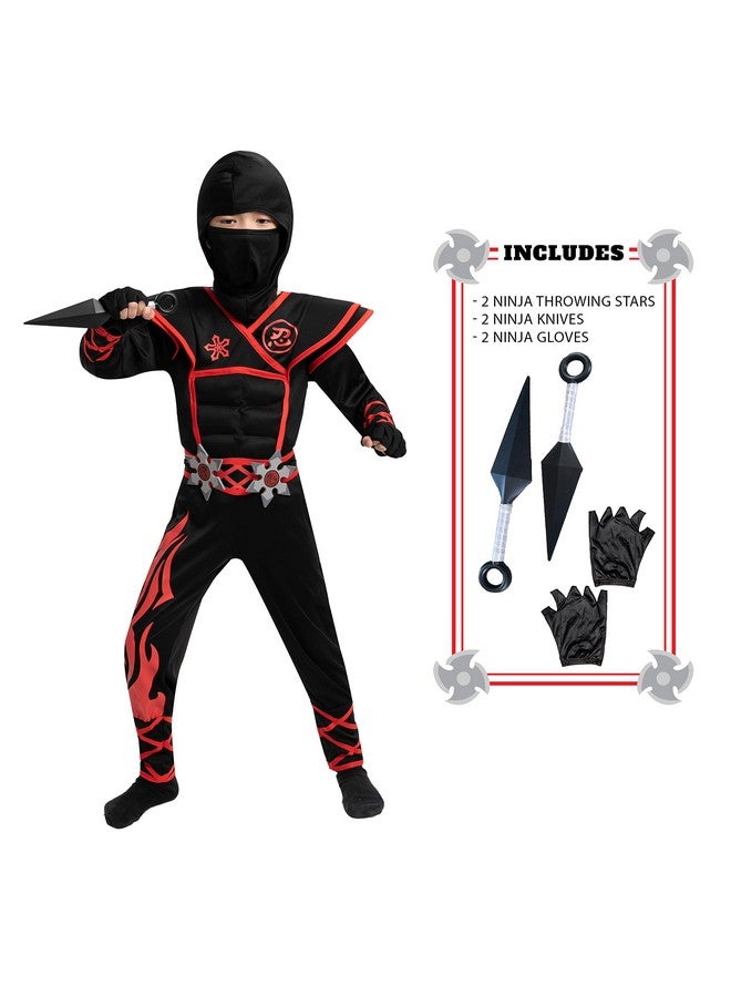 Halloween Red Ninja Muscle Costume Deluxe Set For Boys Unisex Kungfu Outfit For Kids 314Yr With Foam Accessories (Small 57 Yrs)