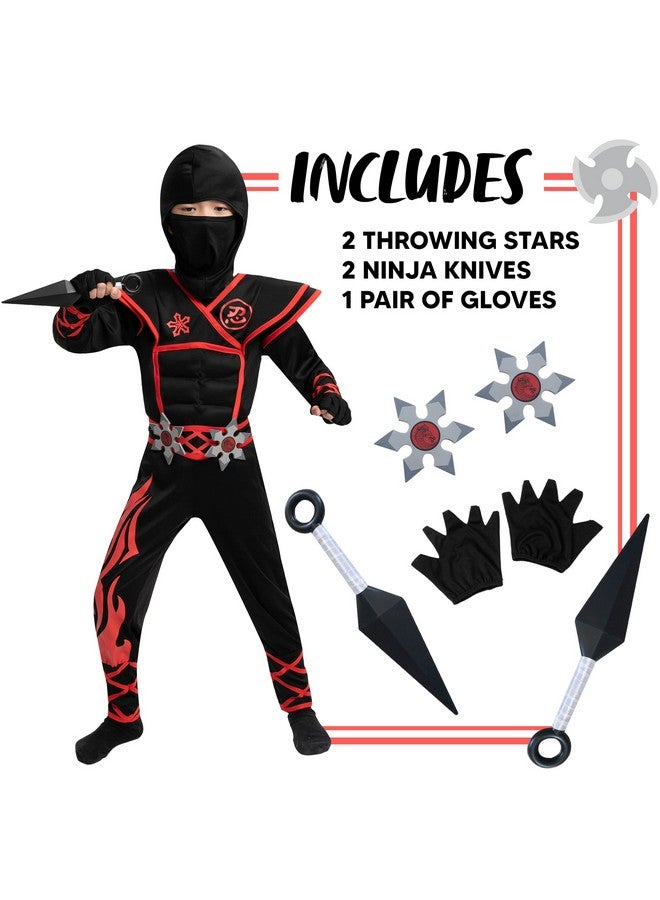 Halloween Red Ninja Muscle Costume Deluxe Set For Boys Unisex Kungfu Outfit For Kids 314Yr With Foam Accessories (Small 57 Yrs)