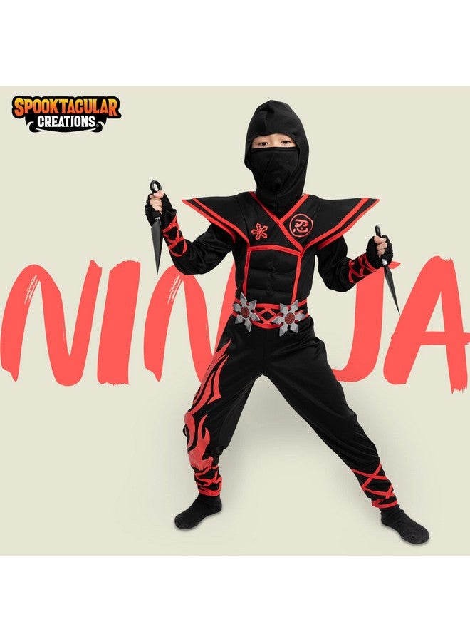 Halloween Red Ninja Muscle Costume Deluxe Set For Boys Unisex Kungfu Outfit For Kids 314Yr With Foam Accessories (Small 57 Yrs)