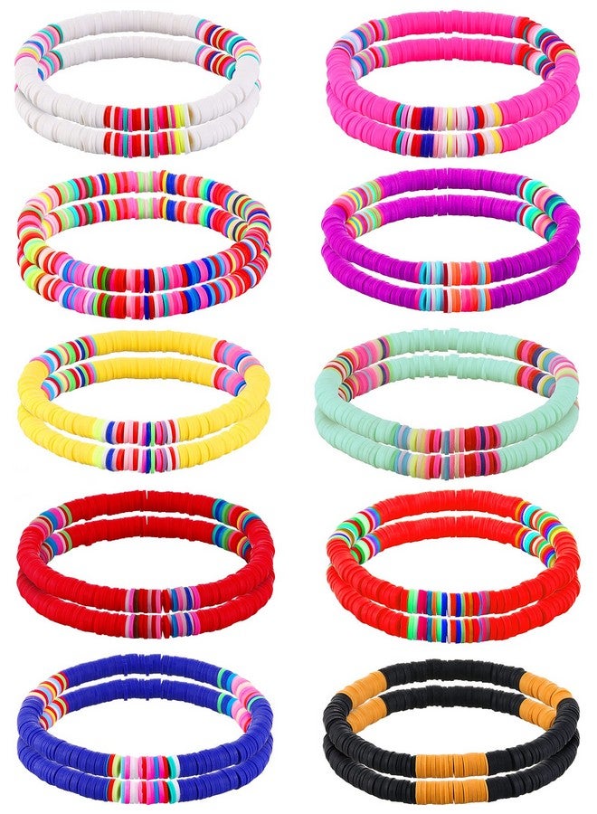 20 Pieces Colorful Heishi Surfer Bracelets Set Rainbow Clay Disc Beaded Bracelets Stretch Layering Bracelets Elastic Boho Stackable Beaded Bracelets Summer Beach Jewelry Bracelets (Chic Style)