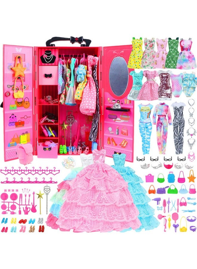 106 Pcs Doll Wardrobe With Clothes And Accessories Set For 11.5 Inch Girl Doll Storage Closet Wedding Gown Fashion Dresses Skirts Tops Pants Outfits Bikini Swimsuits Hangers Shoes Other Stuff