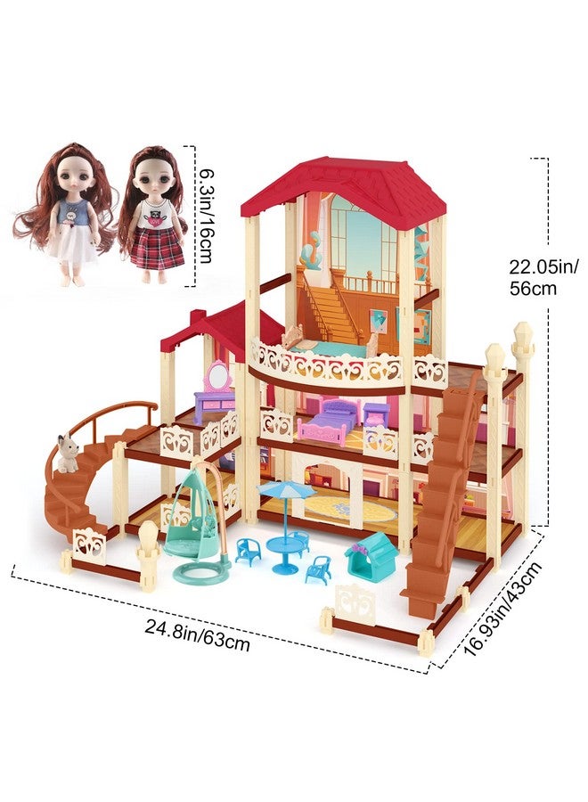 Doll House Dollhouse Girl Toys Houses With 2 Dolls 22 Inches 3 Story 7 Rooms Diy Pretend Play Building Playsetdollhouse Asseccories And Furnituregift For 3+ Girls Boys Toddler