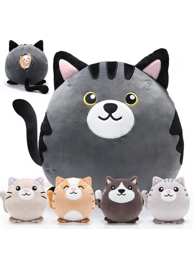 5 Pcs Cat With Kitten Stuffed Animals Bulk 12 Inch Large Black And Grey Cat Pillow Plush With 4 Babies Inside Cute Plushie Toys For Birthday Valentines Day Return Gifts