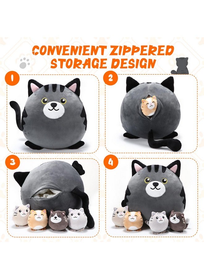 5 Pcs Cat With Kitten Stuffed Animals Bulk 12 Inch Large Black And Grey Cat Pillow Plush With 4 Babies Inside Cute Plushie Toys For Birthday Valentines Day Return Gifts