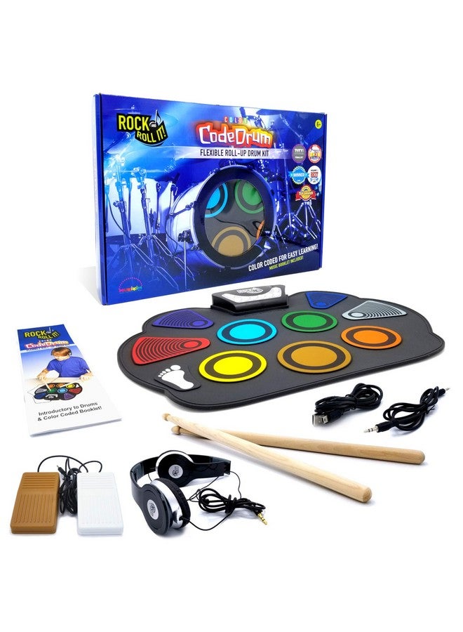 Rock And Roll It Codedrum. Roll Up Portable Drum Set For Kids & Adults. Electronic Silicone Rainbow Drum Pad Headphones Pedals Drum Sticks Playbycolor Rhythm Booklet Included