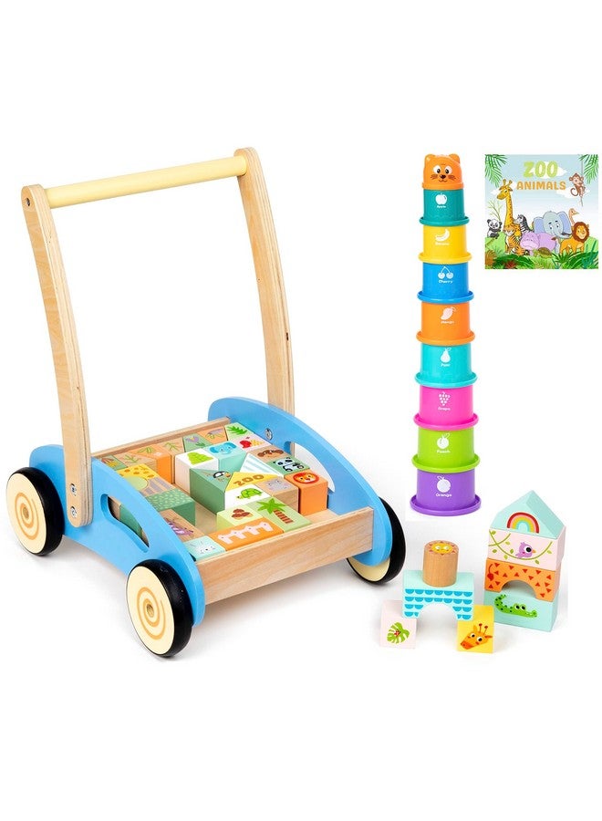 Wooden Baby Walker 1 Year Old Boy Girl Gifts Includes Stacking Sorting Cups Zoo Themed Blocks And Book Developmental Montessori Learning Toys For Babies 12 Months +