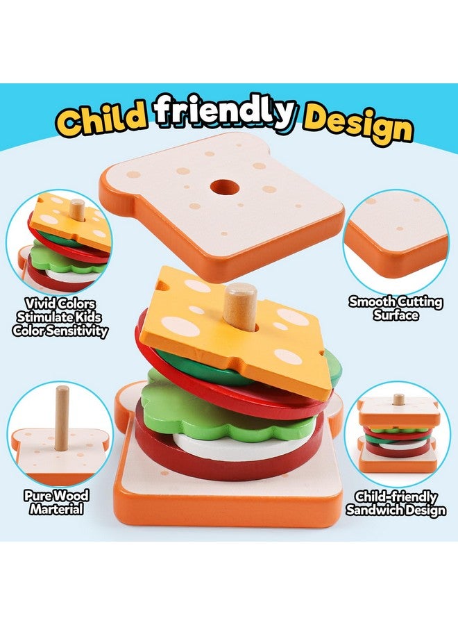 Wooden Sandwich Sorting Stacking Toys Play Food Set For Toddlers Preschool Educational Montessori Toys Fine Motor Toys For Kids Boys Girls