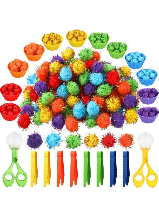 142 Pcs Fine Motor Toys Counting Sorting Sensory Bin Filler 120 Glitter Pom Pom 8 Tweezers 2 Scissors Clips 12 Cups For Kids Early Education And Sorting Counting Training Development
