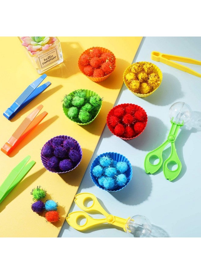 142 Pcs Fine Motor Toys Counting Sorting Sensory Bin Filler 120 Glitter Pom Pom 8 Tweezers 2 Scissors Clips 12 Cups For Kids Early Education And Sorting Counting Training Development